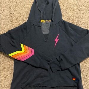 Aviator Nation Black Hoodie with Pink and Yellow Sleeve Design